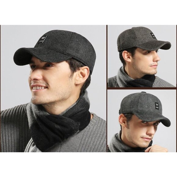 🆕 Men Black Baseball Cap Winter Warm Wool Tweed Peaked Fold Earmuff Jacket Hat - Picture 2 of 6